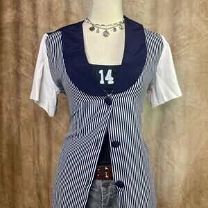 Vintage 90s Layered Striped Shirt Navy White Pinstripe Nautical Sailor Retro